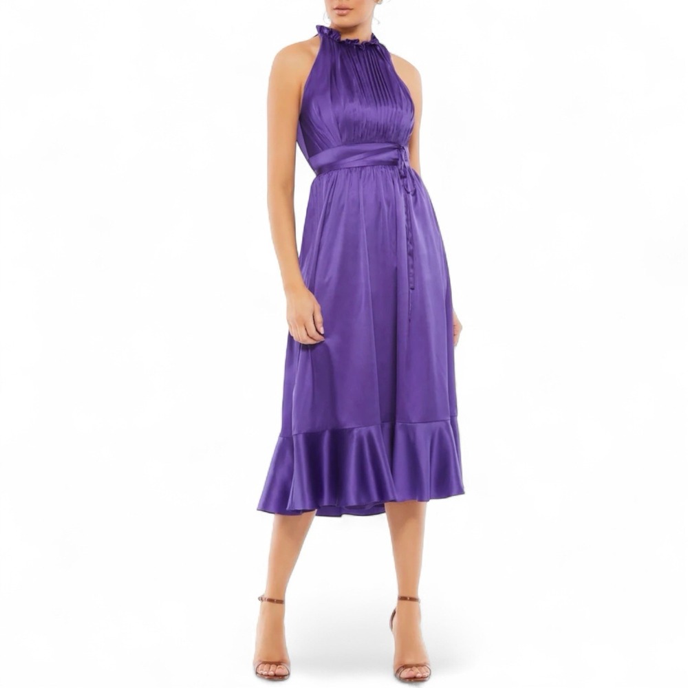 Mac‎ Duggal 26633 Tea Length Dress Size 10 Purple Pleated Halter Neck Ruffle Hem